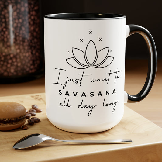 Savasana Two-Tone Coffee Mug, 15oz Printify Pikolelie (pee-koh-lay-lee) Activewear Mug